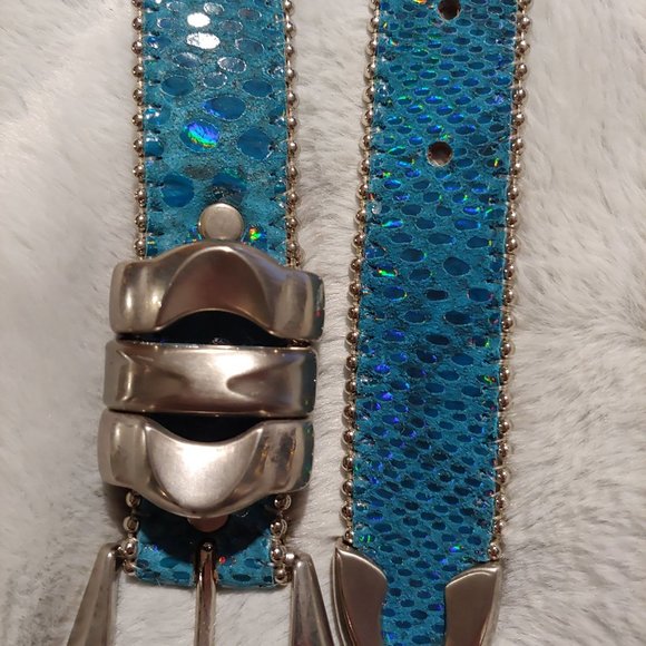 Belts by SImon metallic teal leather belt with silver hardware large - Picture 6 of 16